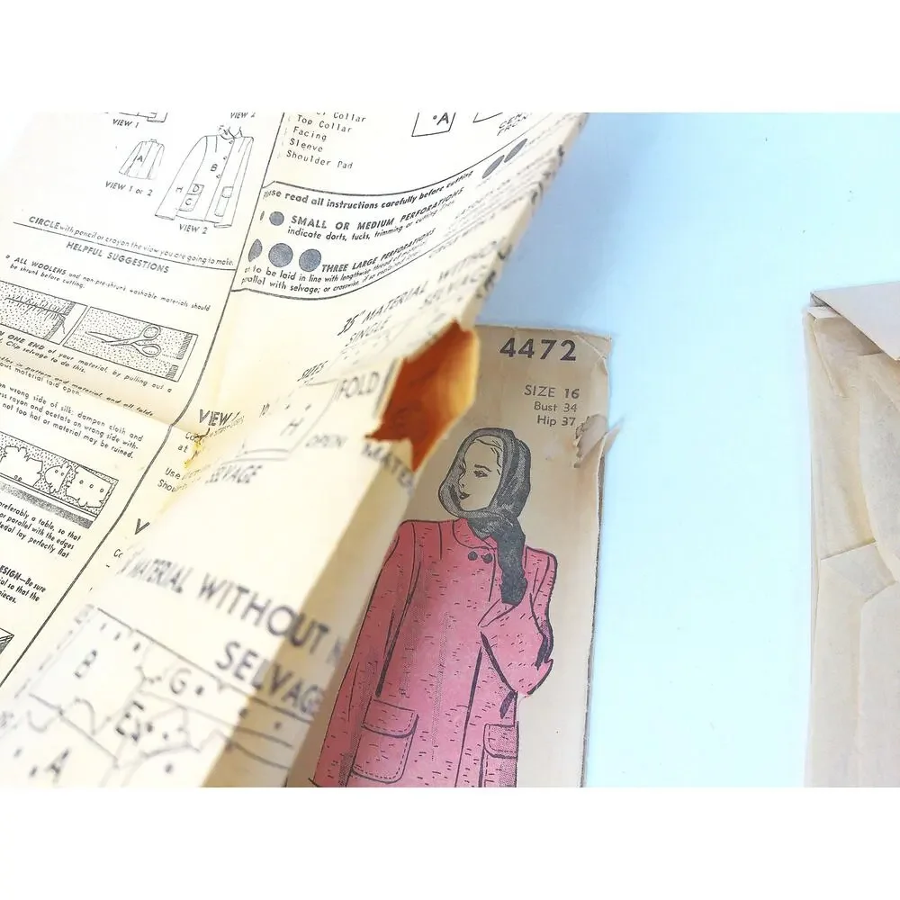 Vintage 1940s Advance 4472 Boxy Car Coat Skirt Pattern Mademoiselle Bust 34